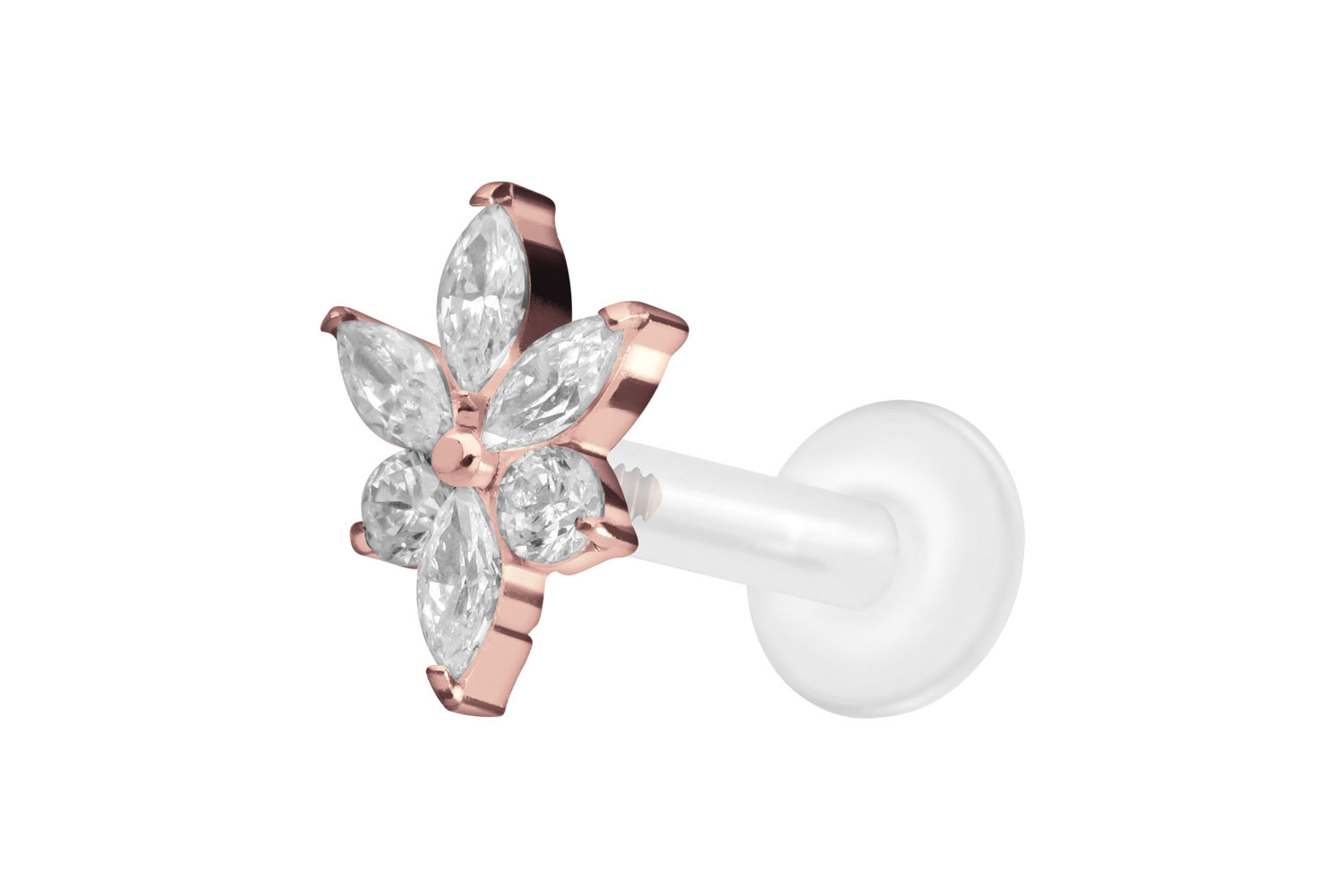 PTFE Labret Piercing mit Innengewinde + Titan-Aufsatz KRISTALLBLUME